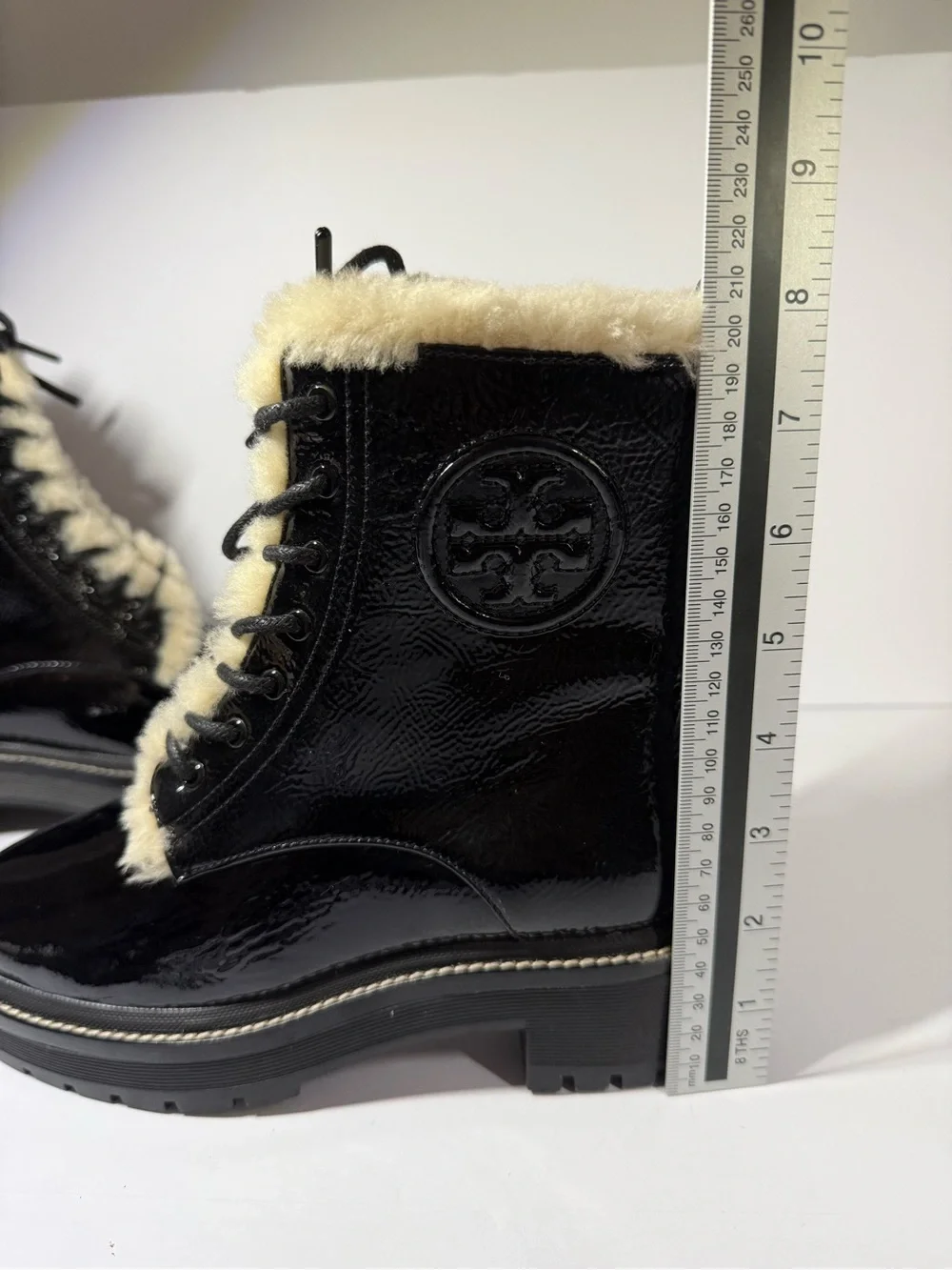 Tory Burch Black Patent Leather Shearling-Trim Combat Boots size5
